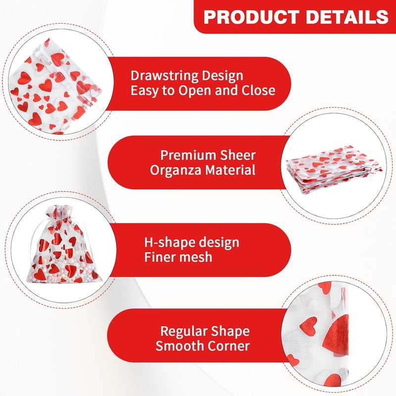 BOEIAC Heart Organza Bags, 50PCS Organza Gift Bag, Drawstring Sheer Mesh Gift Bag 3 x 4 inch, Mesh Jewelry Pouches, Mini Candy Bag for Valentine's Day, Christmas, Mother's Day, Wedding Party Favors - Image 5